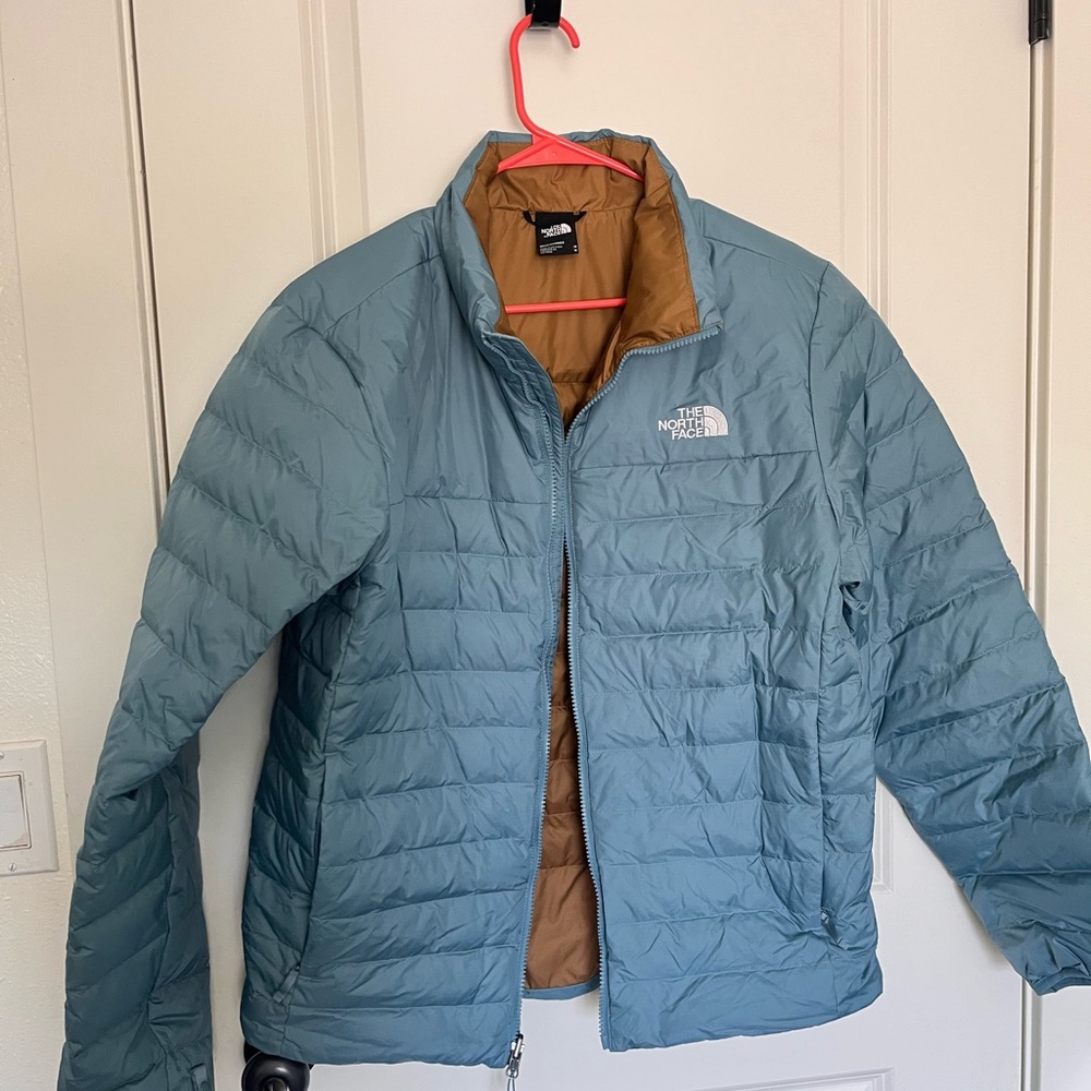 The North Face Men's Light Blue and Tan Puffer Jacket